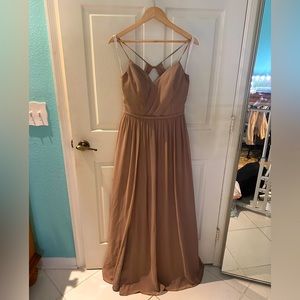 Azazie taupe keyhole back long dress spaghetti strap
